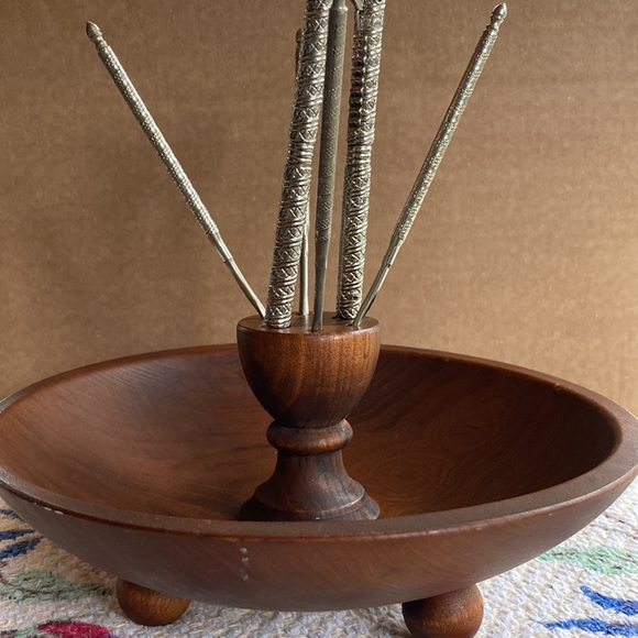 Vintage Wooden 3 Footed Nut Bowl Set with Metal Nutcracker and 4 Picks - Picture 1 of 6